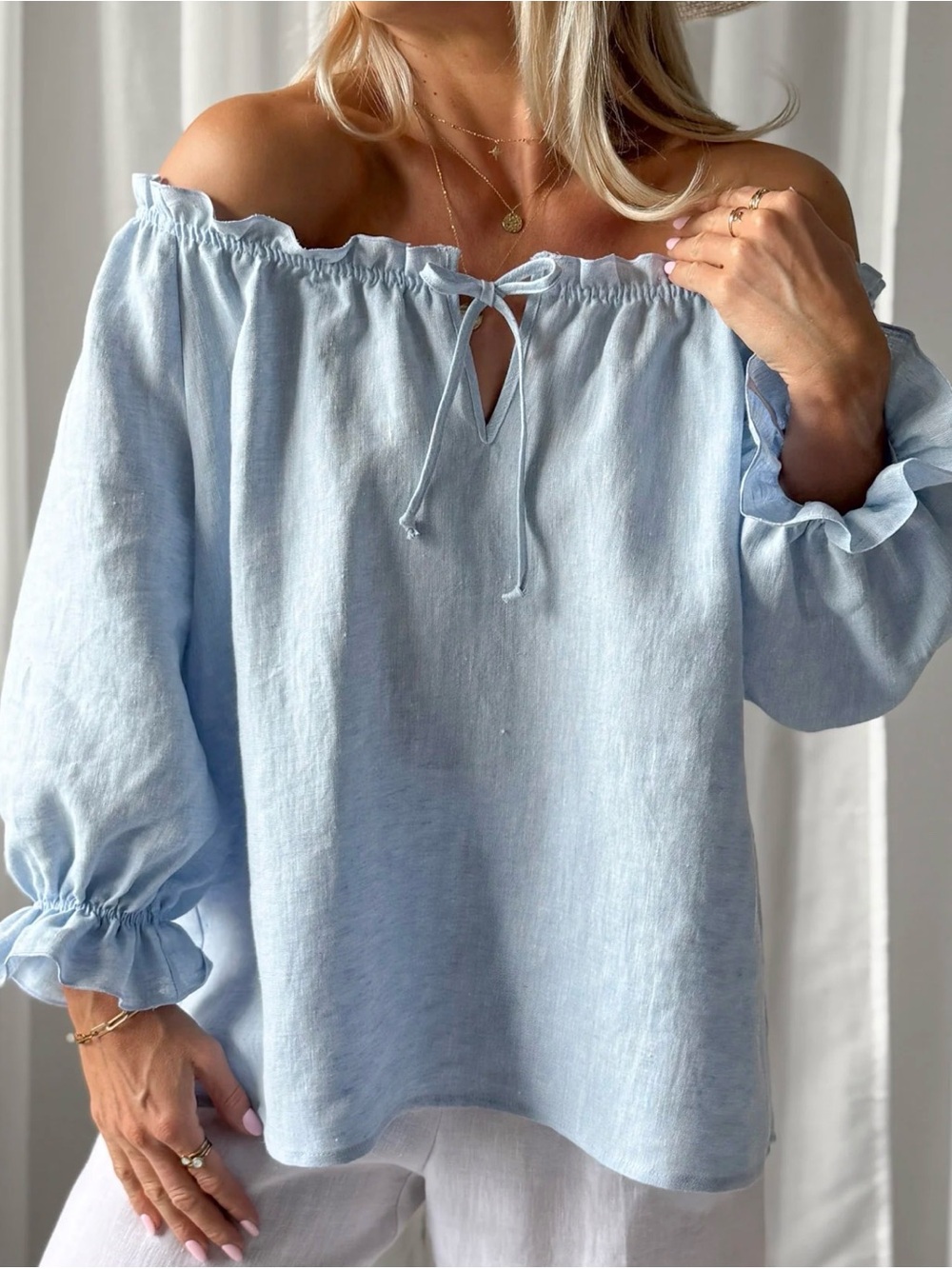 Saks Fifth Avenue Off-the-Shoulder Light Blue Linen Blend Women's Top